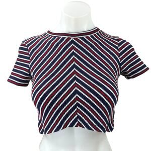 Zara Blue Red White Striped Chevron  Short Sleeve Crop Top Tee T-Shirt Size S